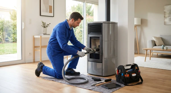 Technicien qualifié en tenue professionnelle effectuant l'entretien ou le nettoyage d'un poêle à bois ou d'une pompe à chaleur résidentielle, inspectant ou travaillant sur l'équipement en environnement intérieur domestique ou semi-professionnel, avec des outils d'entretien spécialisés visibles, documentant l'intervention.