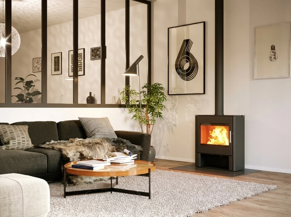 Salon moderne et cosy avec poêle à bois design noir autonome, vitré panoramique, feu visible aux flammes vives