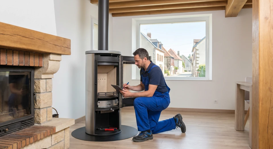 Technicien qualifié de BIO'CHAUF en salopette de travail, intervenant sur une pompe à chaleur ou un poêle à bois dans le domicile d'un client. Le technicien effectue un entretien, un diagnostic ou une réparation avec professionnalisme. L'environnement montre un intérieur résidentiel avec l'équipement de chauffage visible. L'image transmet la confiance, le professionnalisme et l'engagement du service après-vente interne et personnalisé.