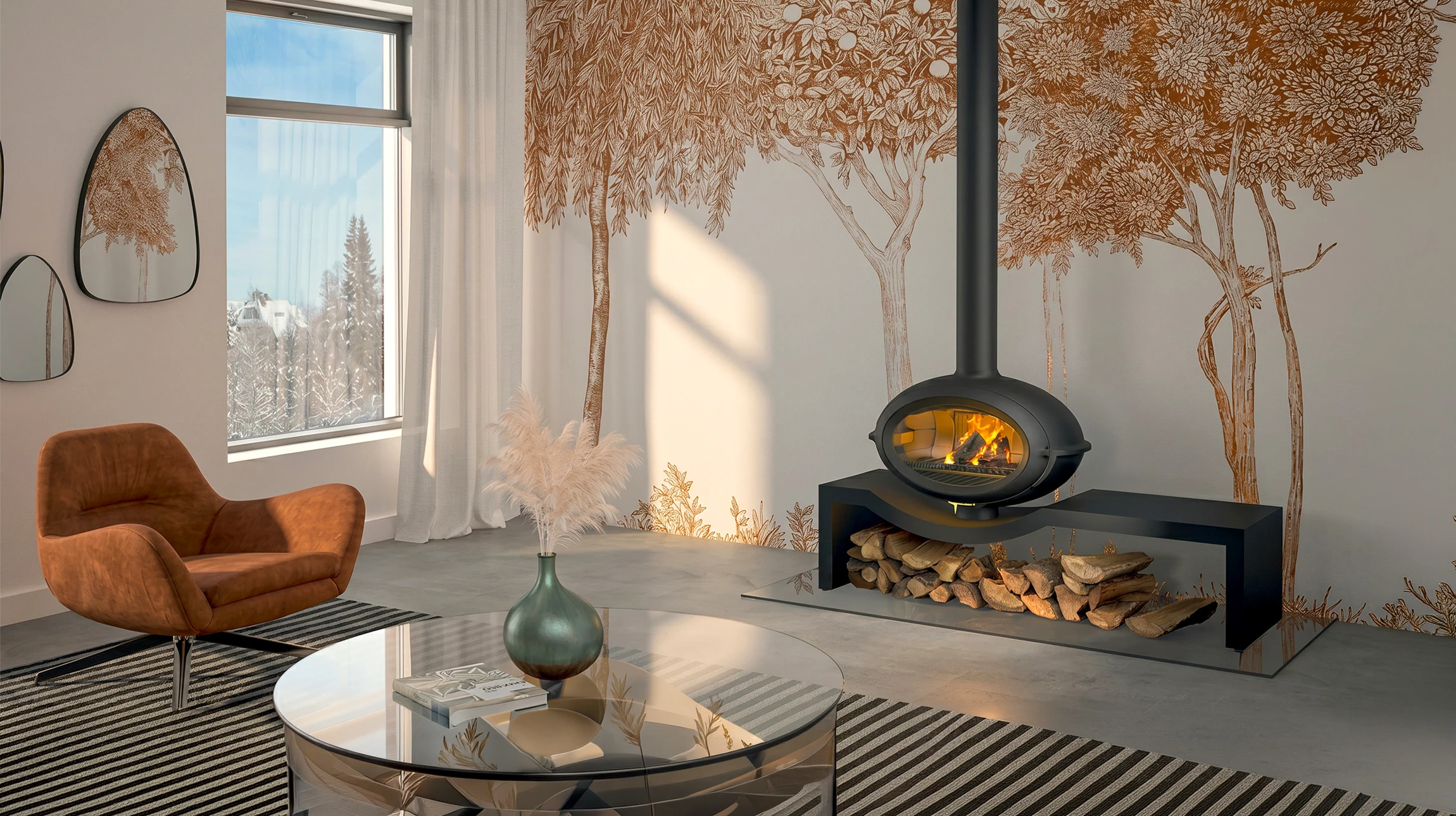 Salon moderne au design épuré avec poêle à bois cylindrique Austroflamm noir mat en fonte, fenêtre de combustion circulaire avec flammes vives visibles, diffusion d'air chaud par grille supérieure