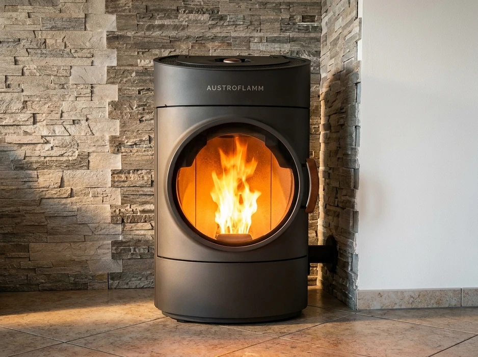 Intérieur résidentiel avec un poêle à bois moderne de marque **Color Fire**, design noir mat, vitrage panoramique rectangulaire révélant un feu actif