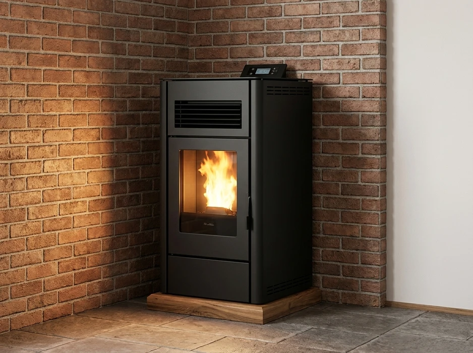 Salon épuré avec poêle à bois cylindrique noir en fonte, vitré, avec feu actif visible, raccordé à un conduit de fumée vertical