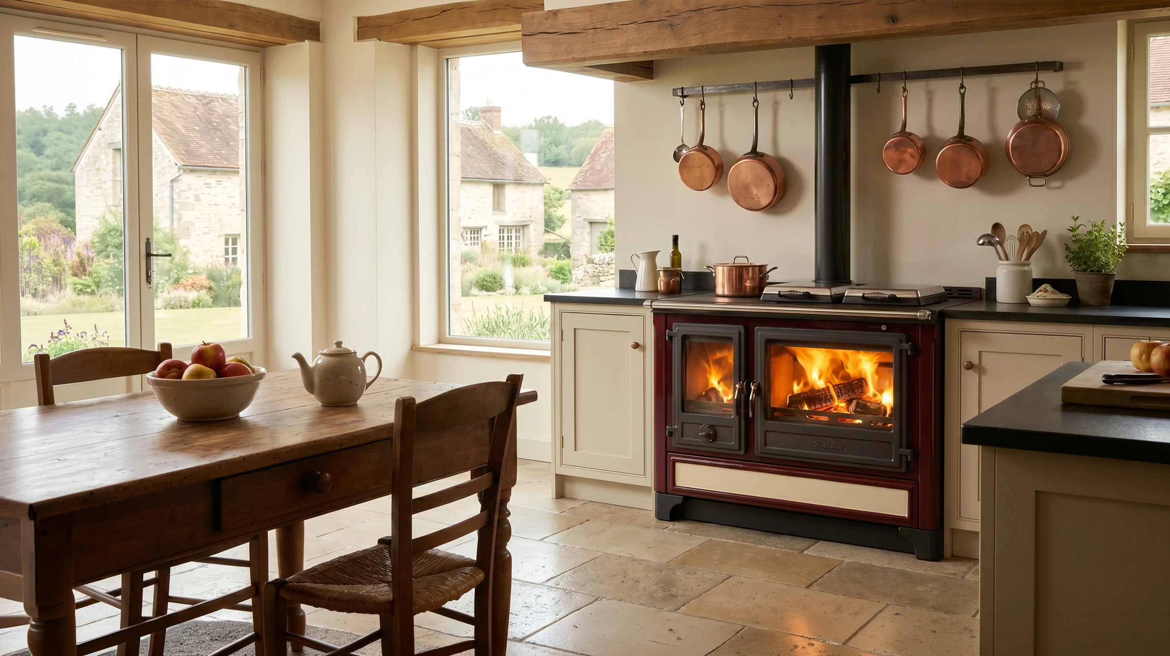 Intérieur domestique rustique avec cuisinière à bois en fonctionnement, porte du foyer ouverte laissant voir les braises incandescentes