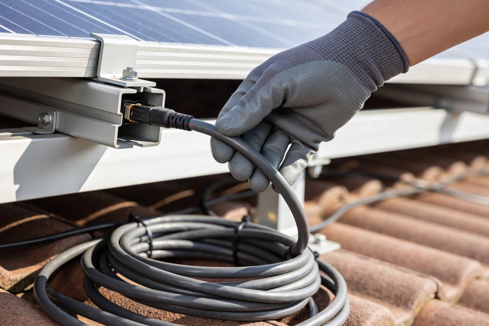 Technicien en uniforme bleu installe des panneaux solaires photovoltaïques sur toiture résidentielle