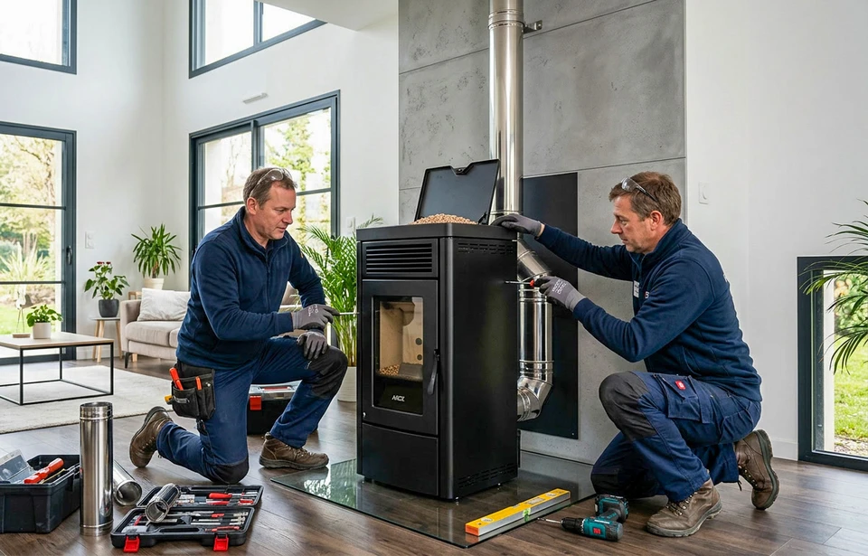 Ouvrier installant un système de chauffage au sol dans une pièce en rénovation