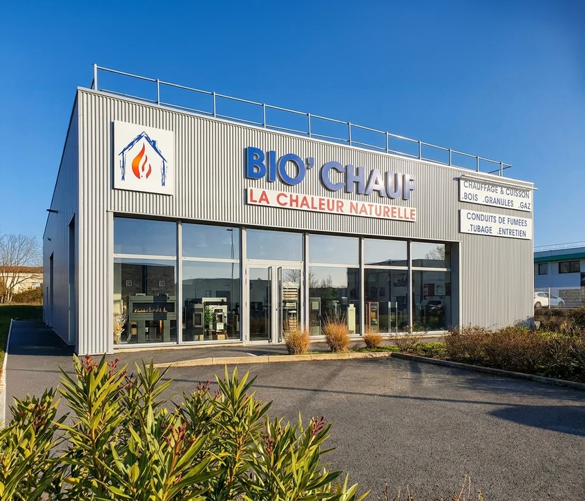 Intérieur lumineux et accueillant d'un showroom d'exposition de chauffage, avec plusieurs poêles à bois, poêles à granulés et cuisinières exposés côte à côte sur des socles ou intégrés dans des décors d'installation. Des clients en train de toucher, comparer et examiner les différents modèles. L'espace est spacieux, bien éclairé, avec des matériaux de qualité en évidence pour montrer la diversité des gammes disponibles. Ambiance professionnelle et accueillante.